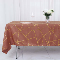 Polyester 60"x102" Rectangle Tablecloth Terracotta (Rust) with Gold Foil Geometric Pattern - Wrinkle-Resistant & Durable Table Cover