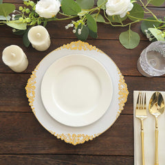10-Pack Plastic 10" Round Dinner Plates in White with Gold Leaf Embossed Rim - Disposable Vintage Baroque Style Plates for Luxurious Gatherings & Events