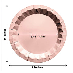 25-Pack Paper 9" Round Dinner Plates in Metallic Rose Gold with Geometric Prism Rim - Disposable 400GSM Party Plates