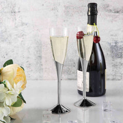 6-Pack Plastic Champagne Flutes Clear/Silver - Stylish Disposable Glasses for Toasts 5oz