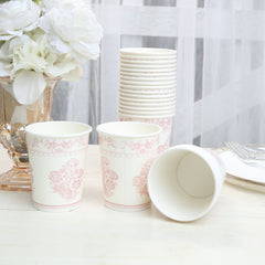 24 Pack Disposable Paper Cups in White Pink Damask Floral Pattern, Elegant Party Cups - 9oz