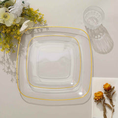 10-Pack Plastic 7" Square Dessert Plates in Clear with Gold Rim - Classy Disposable Appetizer Salad Plates