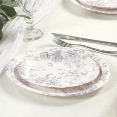 25-Pack Paper 7" Round Dessert Plates in White with Matte Lavender French Toile Pattern - Disposable Floral Salad Appetizer Plates