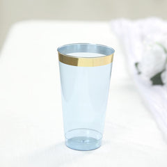 12-Pack Plastic Party Cups Transparent Dusty Blue with Gold Rim - Durable Disposable Tumblers for Drinks 17oz 5.5"