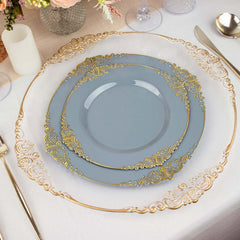 10-Pack Plastic 10" Round Dinner Plates in Dusty Blue with Gold Leaf Embossed Rim - Disposable Vintage Baroque Style Plates