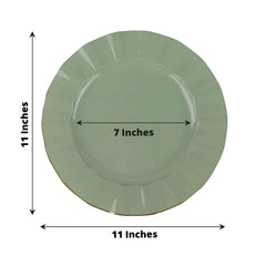 10-Pack Plastic 11" Round Dinner Plates in Dusty Sage Green Ruffled Rim with Gold Edging - Sturdy Disposable Dinnerware