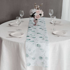 Disposable Table Runner 11"x108" White with Green Eucalyptus Leaves Print - Non-woven Stylish Spring Summer Dining Decor