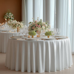 Scuba Round Tablecloth 132″ White with Rhinestone Accents – Seamless, Wrinkle-Free, Stain-Resistant Event Linen