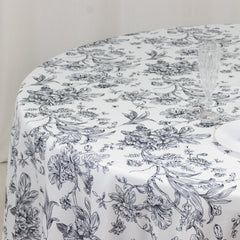 Polyester 108" Round Tablecloth White - Black French Toile Pattern for Chic Weddings