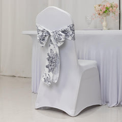 Polyester Chair Sashes White Black French Toile Floral Design - Wrinkle-Resistant & Durable Chair Bows 6"x108"