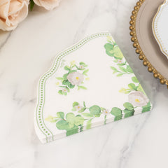 25-Pack Round Paper Cocktail Napkins with Floral Greenery and Scalloped Edge White - Disposable 2 Ply Beverage Napkins 6.25"x6.25"