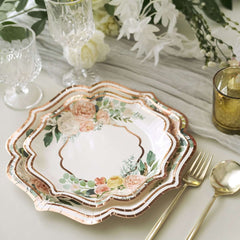 25-Pack Paper 8" Dessert Plates in White with Floral Print & Rose Gold Scallop Rim - Disposable 300GSM Appetizer Salad Plates