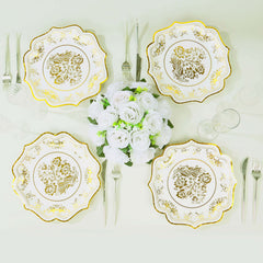25-Pack Paper Dinner Plates in White Gold Damask Floral Print & Scallop Rim - Stylish Disposable 300GSM Floral Party Plates 10"