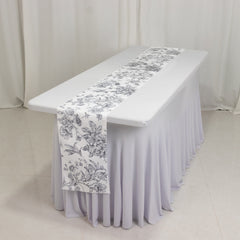Polyester Table Runner 12"x108" White with Black French Toile Floral Print Reusable Table Décor