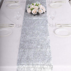 Metallic Tinsel Polyester 12"x108" Table Runner Silver - Shimmery Fringe Shag Table Decor