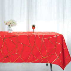Polyester 60"x102" Rectangle Tablecloth Red with Gold Foil Geometric Pattern - Wrinkle-Resistant & Durable Table Cover