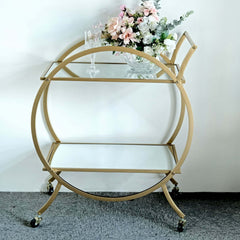 Gold Metal Bar Cart with Mirror Serving Tray 2-Tier - Round Teacart Island Trolley for Events 2.5ft