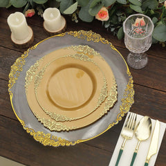 10-Pack Plastic 8" Round Dessert Plates in Gold with Leaf Embossed Rim - Disposable Vintage Baroque Style Salad Plates for Luxurious Gatherings & Events
