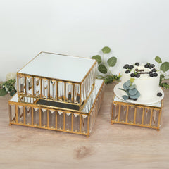 Set of 3 Gold Metal Crystal Pendant Cake Stands with Mirror Top, Stackable Square Dessert Display Trays - 7",10",12"