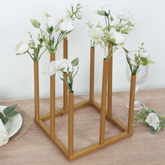 Flower Vase Gold Metal Minimalist 8-Tubes Square Base Design - Single Stem Bud Centerpiece for Arrangements 10"