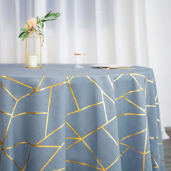 Polyester 120" Round Tablecloth Dusty Blue with Gold Foil Geometric Pattern Wrinkle-Resistant Seamless Table Cover