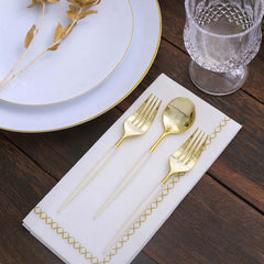 24-Pack Plastic Fork and Spoon Set Gold/Ivory - Heavy Duty Disposable Modern Utensils 6"