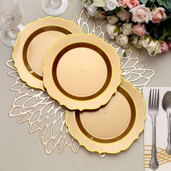 10-Pack Plastic 8" Round Dessert Plates in Gold with Gold Scalloped Rim - Disposable Appetizer/Salad Plates