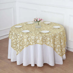 Tulle 72"x72" Table Overlay Square Tablecloth Gold - Sequin Leaf Embroidered Design for Stylish Occasions