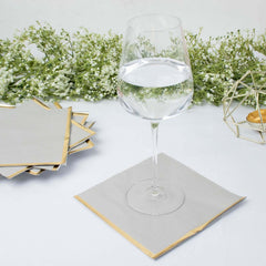 50-Pack Paper Beverage Napkins with Gold Foil Edge Gray - Disposable 2 Ply Cocktail Napkins for Events 6.5"x6.5"