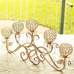 5-Arm Metal Candelabra Horizontal Design with Crystal Goblets Gold - Table Centerpiece for Events 27"