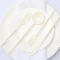 50-Pack Plastic Utensil Set Ivory - Premium Disposable Heavy Duty Sleek Flatware