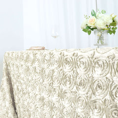 Satin 90"x156" Rectangle Tablecloth Ivory - Grandiose 3D Rosette Table Cover with Seamless Finish