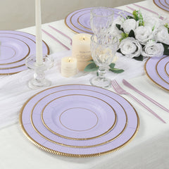 25-Pack Paper 8" Round Dessert Plates in Lavender Lilac Sunray Design with Gold Rim - Disposable Heavy Duty 350GSM Appetizer Salad Plates