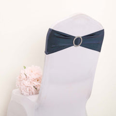 5 Pack Metallic Spandex Chair Sashes Navy Blue - Stretch Fit Chair Bands With Round Diamond Buckles