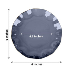 10-Pack Plastic Round 6" Dessert Plates in Navy Blue Ruffled Rim with Gold Edging - Sturdy Disposable Salad Appetizer Dinnerware