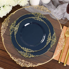 10-Pack Plastic 10" Round Dinner Plates in Navy Blue with Gold Leaf Embossed Rim - Disposable Vintage Baroque Style Plates