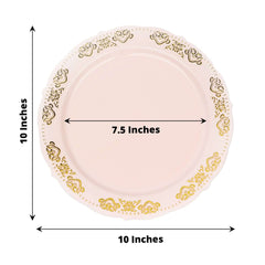 10-Pack Plastic 10" Round Dinner Plates in Blush with Gold Embossed Scalloped Edge - Chic Disposable Party Plates for Special Occasions & Banquets