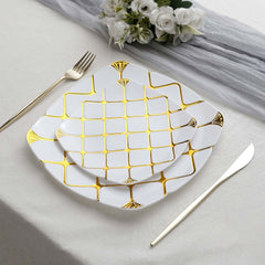 10-Pack Plastic 10" Square Dinner Plates in White with Gold Diamond Lattice Pattern - Disposable Party Plates for Weddings, Banquets & Special Events