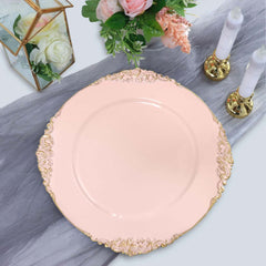 6-Pack Acrylic Round Charger Plates 13" in Blush with Gold Embossed Baroque Rim, Antique Decorative Dinner Party Charger Tableware