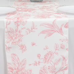 Polyester Table Runner 12"x108" White with Pink French Toile Floral Print Reusable Table Décor
