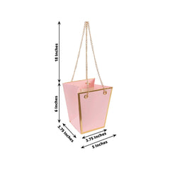 6 Pack Pink Gold Edge Paper Flower Gift Bags With Metal Chain Handles, Trapezoid Party Favor Tote Bags - 5"x6"