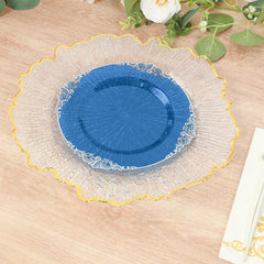 10-Pack Plastic 8" Round Dessert Plates in Transparent Navy Blue with Silver Leaf Embossed Rim - Disposable Vintage Baroque Style Salad Plates