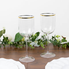 12-Pack 12oz Clear Plastic Wine Goblets with Gold Rim, Premium Disposable Long Stem Glassware - 9"
