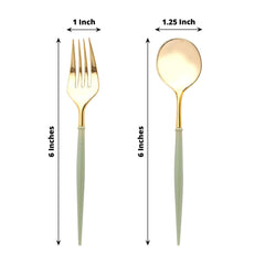 24-Pack Plastic Fork and Spoon Set Metallic Gold/Sage Green - Heavy Duty Disposable Modern Utensils 6"