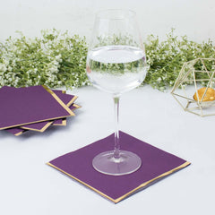 50-Pack Paper Beverage Napkins with Gold Foil Edge Purple - Disposable 2 Ply Cocktail Napkins for Events 6.5"x6.5"