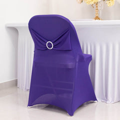 Stretch Spandex Chair Cover Purple for Folding Chairs - Secure Fit Slipcover with Silver Rhinestone Buckled Sash Band