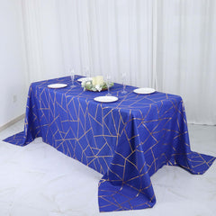 Polyester 90"x132" Rectangle Tablecloth Royal Blue with Gold Foil Geometric Pattern - Wrinkle-Resistant Seamless Table Cover