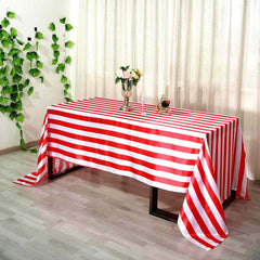 Satin 90"x156" Rectangle Tablecloth Red/White - Stripe Design with Seamless Finish Table Cover