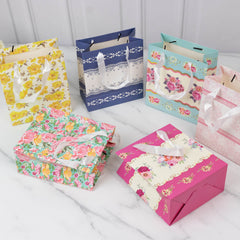 12-Pack Favor Bags Mixed Vintage Floral Tea Party – Paper Gift Bags with Ribbon Handles - Elegant Goodie Bags - 6"x7"x3"