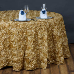 Satin 132" Round Tablecloth Champagne - Seamless Grandiose 3D Rosette Table Cover